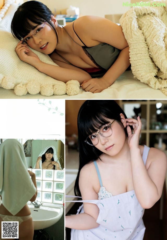 A woman wearing glasses laying on a bed next to a sink.