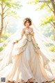 A woman in a wedding dress standing in the woods.