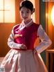 A woman in a pink and white hanbok poses for a picture.