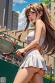 A woman holding a tennis racket on a tennis court.