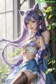 Anime girl with long purple hair leaning against a tree.